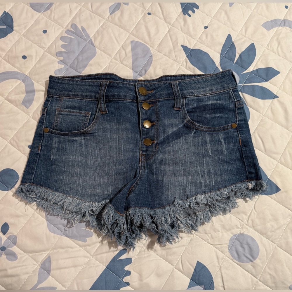Elan Blue Jean Shorts | Button Fly | Distressed | Frayed Hem